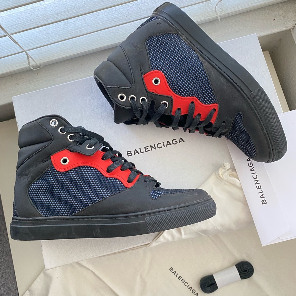 Authentic BALENCIAGA Women Sneakers mid top leather black mesh blue Size 5.5(36) - Picture 3 of 14